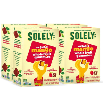 Solely - Organic Mango Whole Fruit Gummies (Pack Of 4 Boxes, 5 Individual Bags Per Box) - Real Fresh Fruit - Healthy Snacks For
