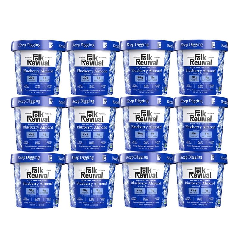 Folk Revival Blueberry Almond Keto Instant Oatmeal - 20g Protein, 5g Net Carbs, High Fiber, Non GMO, Gluten Free, Made with Acor