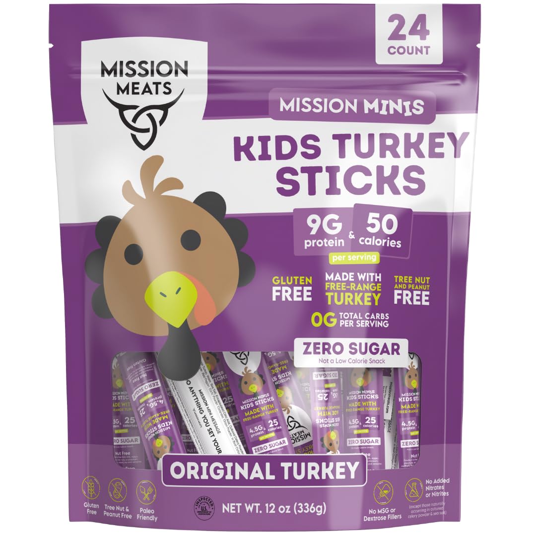 Mission Meats Kids Turkey Sticks - 100% Free Range, Healthy Snacks for Kids and Toddlers, Gluten & Nut Free, 0.5oz, 24 Count (Pa