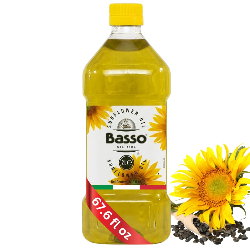 BASSO 1904 100% Pure Sunflower Oil, 2 Liter (67.6 fl oz) - Sunflower oil cooking, Light Neutral Flavor for Frying, Baking & Saut