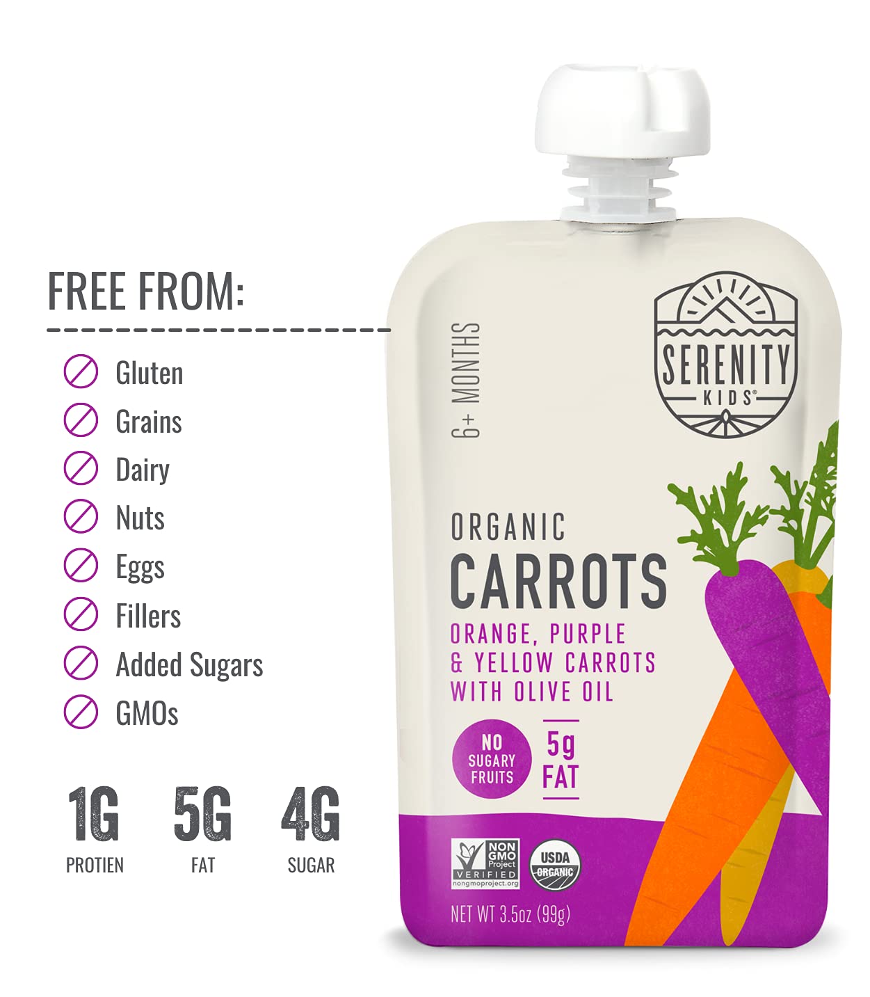 Serenity Kids 6+ Usda Months Organic Carrot Veggie Puree Baby Food Pouches - 3.5 Oz Pack Of 12 - Organic, Bpa-Free & Allergen Free - No Sugary Fruits & No Added Sugar - 3.5 Oz, 12 Pack