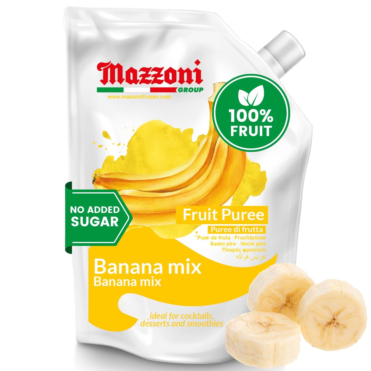 Banana Mix Puree, No Sugar Added, Real Fruit for Smoothies, Drinks, Cocktails, Fruit Juice - 2.2 lb. Convenient Pouch, Mazzoni, 