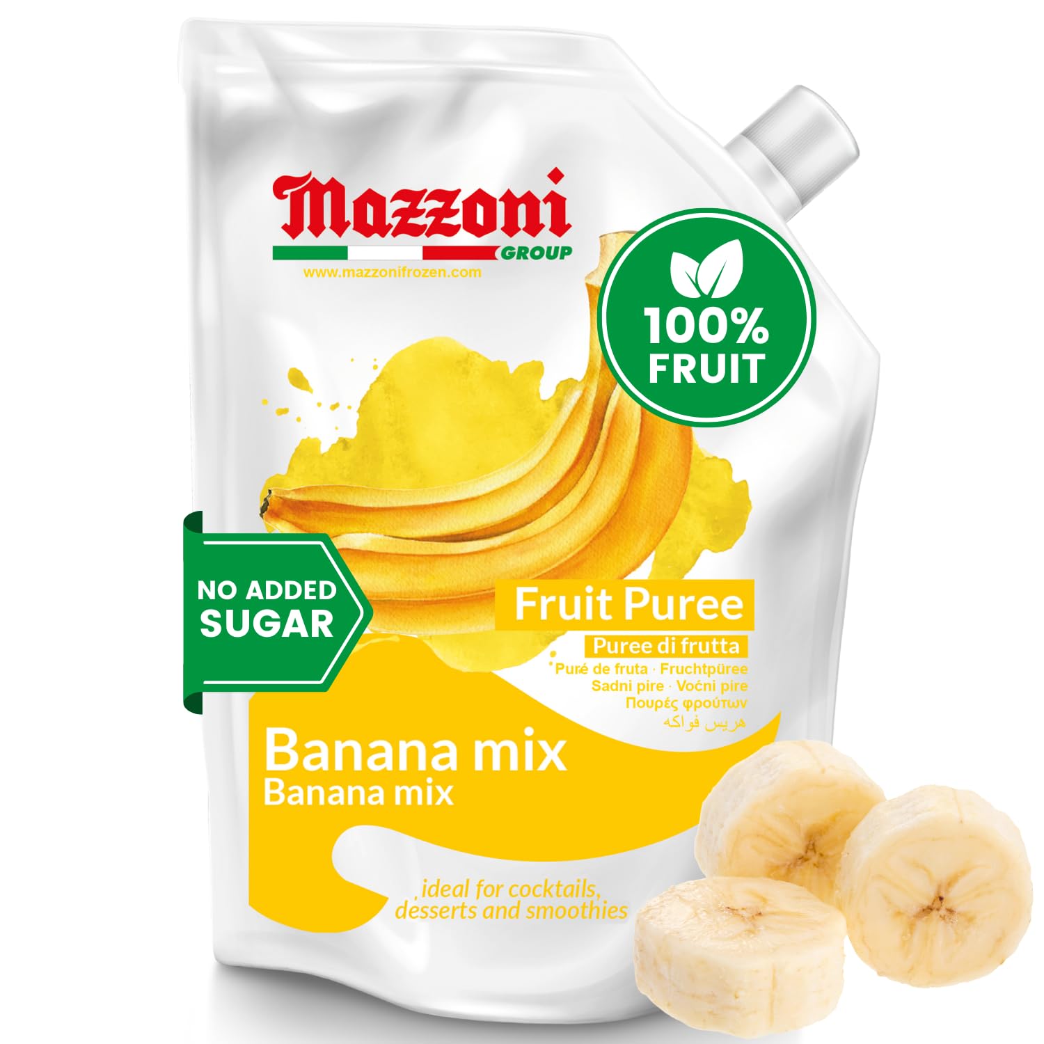 Banana Mix Puree, No Sugar Added, Real Fruit for Smoothies, Drinks, Cocktails, Fruit Juice - 2.2 lb. Convenient Pouch, Mazzoni, 