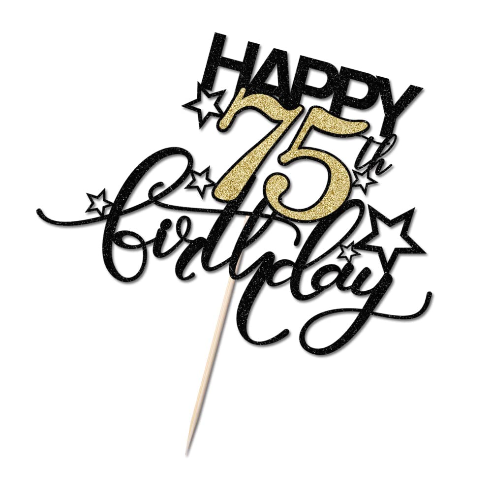 Bekaterea Happy Birthday Cake Topper,Black Font Golden Numbers 75Th Birthday Cake Decoration,Hello 75, Cheers To 75Years/75Th An