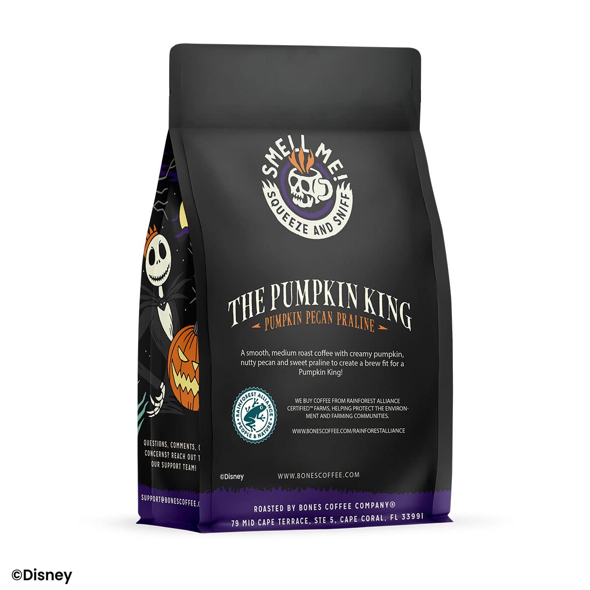 Bones Coffee Company Pumpkin King Flavored Ground Coffee Beans Pumpkin Pecan Praline Flavor, Made With Arabica Coffee Beans, Medium Roast Coffee Inspired By The Nightmare Before Christmas (12 Oz)
