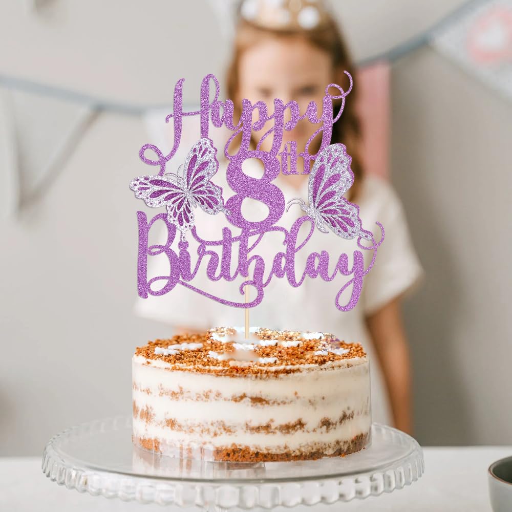Kaoenla 3D Butterfly Cake Topper, Glitter Theme, 6.3x6 inches, Purple, Happy 8th Birthday Party Decor