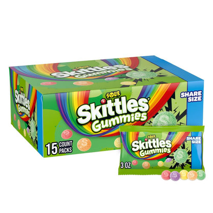 SKITTLES GUMMIES Sour Gummy Candy, Share Size Tart Sour Candy Mix, 3 Oz Per Bag, 15 Pack
