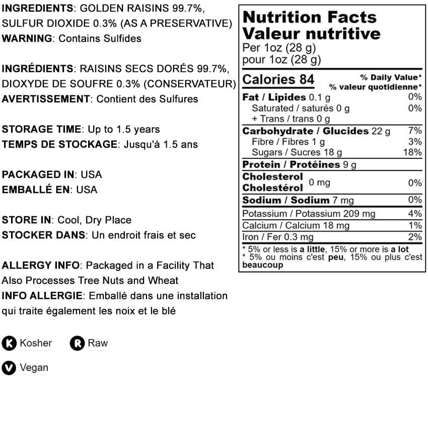 Food To Live California Jumbo Golden Raisins, 5 Pounds - Seedless, Sun-Dried, No Added Oil, No Added Sugar, Kosher, Vegan, Raw,