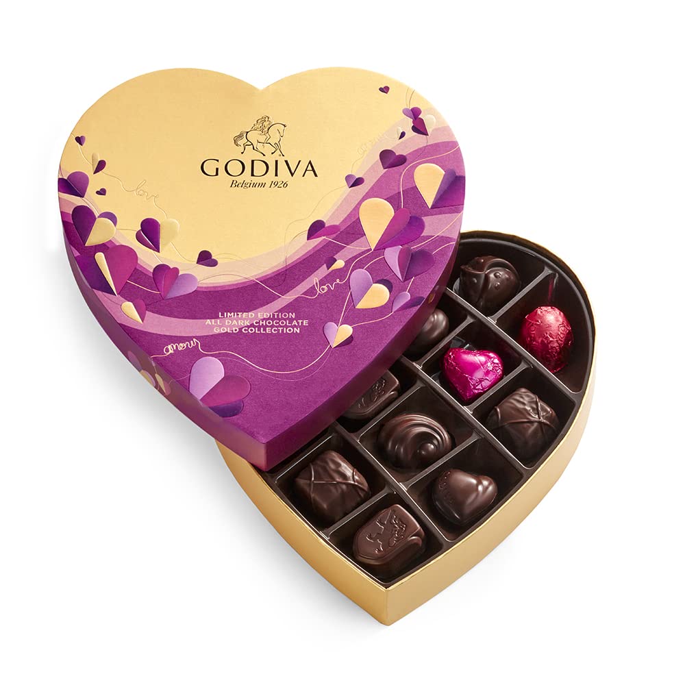 Godiva Chocolatier Valentines Day Heart Chocolate Gift Box - 14 Piece Assorted Luxury Dark Chocolate Candy with Gourmet Fillings