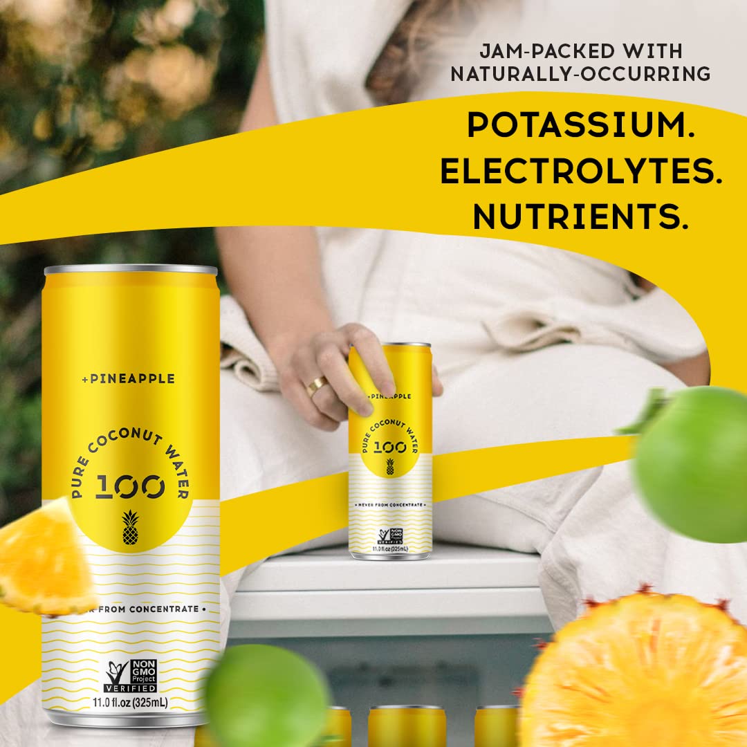 100 Coconuts Pineapple Pure Coconut-100% Pure Coconut Water - Low Calorie All-Natural Drink With Electrolytes - Naturally Sweet,