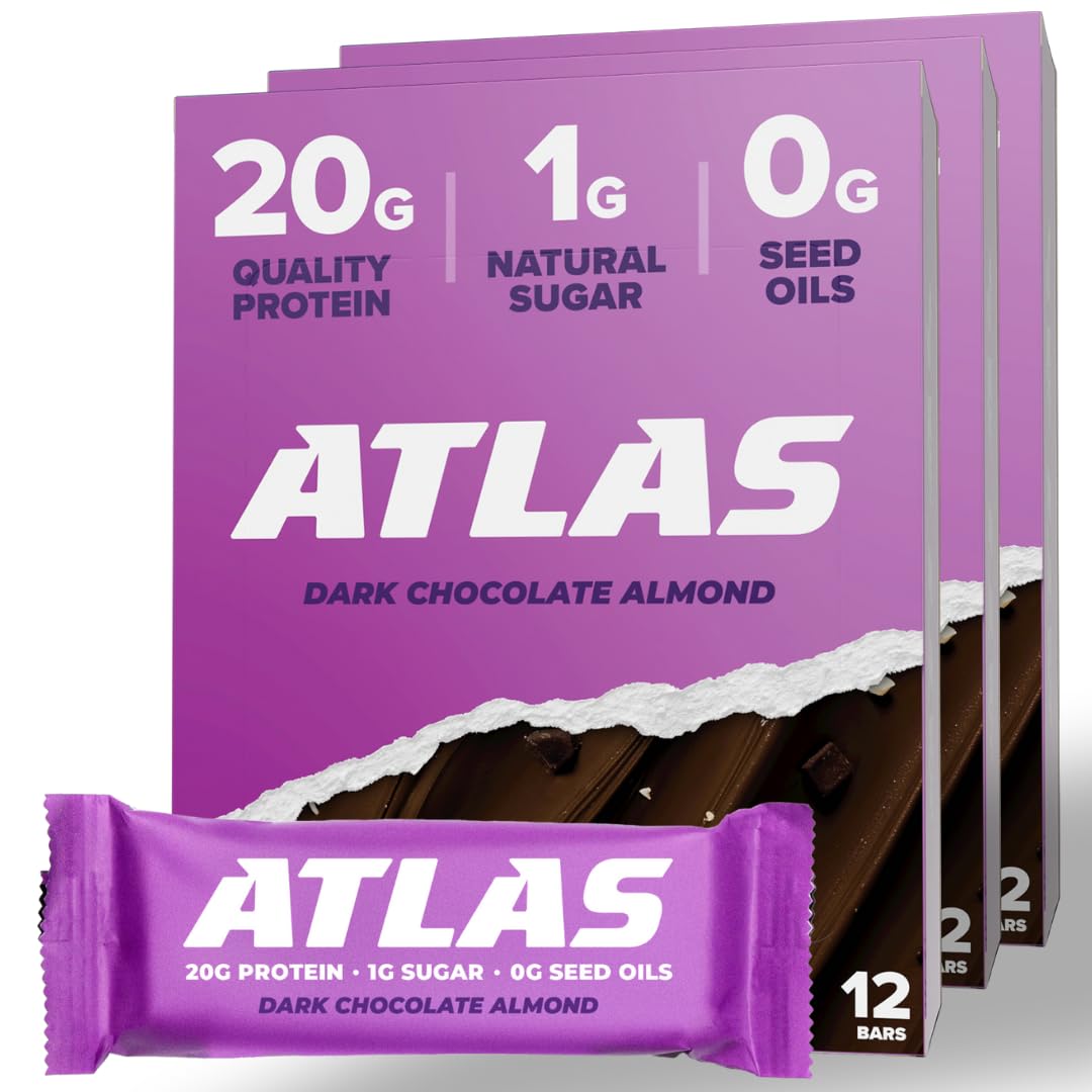 Atlas Protein Bar  20g Protein  1g Sugar  Clean Ingredients  Gluten Free (Dark Chocolate Almond  12 Count (Pack of 3))