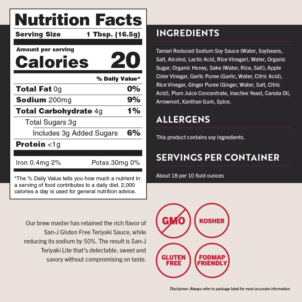 San-J - Gluten Free Lite Teriyaki Sauce With 50% Less Sodium - Well-Balanced Sauce For Cooking - Non-Gmo - 10 Oz. Bottles - 6 Pa