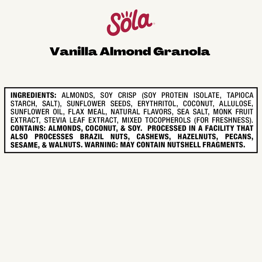 Sola Low Carb & Keto Friendly Granola, Vanilla Almond - Low Sugar, Naturally Flavored, Gluten Free & No Artificial Colors, Flavo