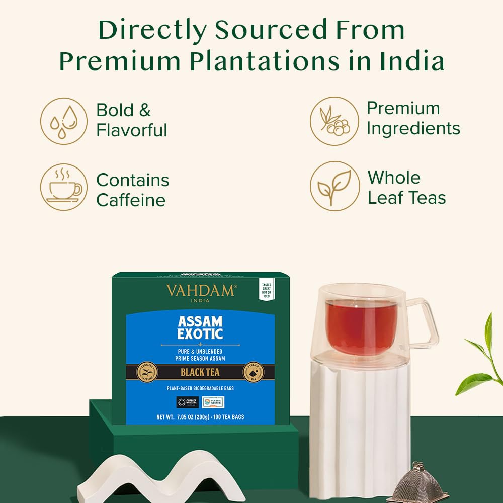 VAHDAM Assam Black Tea Bags - High Caffeine, Gluten-Free, Whole Loose-Leaf, 100 Count Resealable Ziplock Pouch