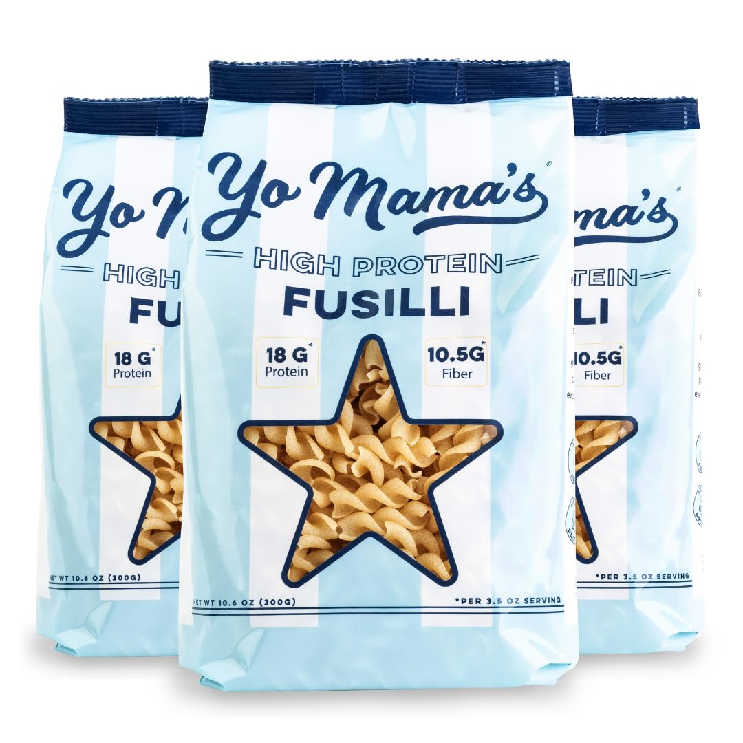 Yo Mamas Foods High Protein High Fiber Fusilli Pasta | (3) 10.6 Ounce Bags. | Plant Based, Low Glycemic, and Gluten Free with C