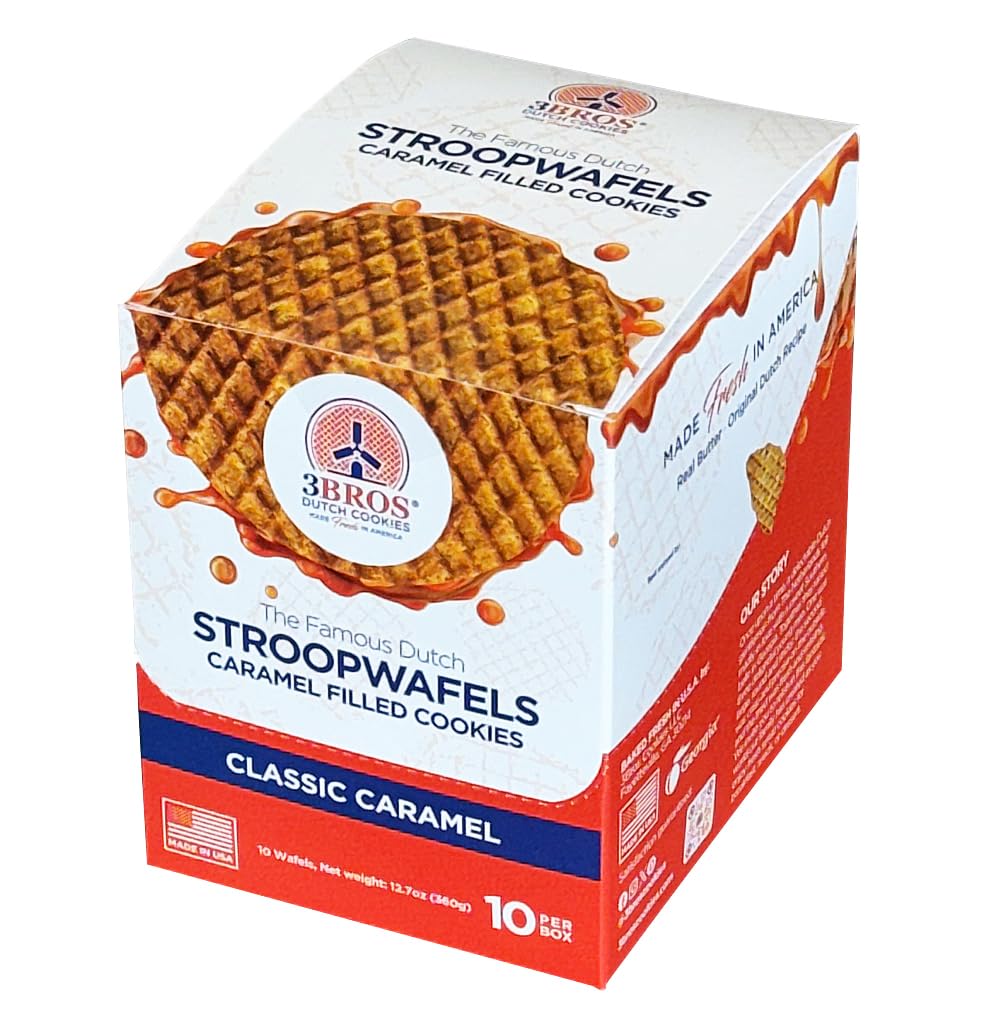 3Bros Stroopwafels  Dutch Caramel-Filled Waffle Cookies  Individually Wrapped  10 Count  Soft Toasted Outside With Buttery Caramel Filling  Made in USA in Our Family Bakery