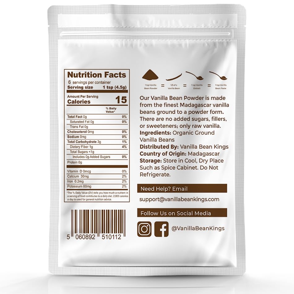 Vanilla Bean Kings Organic Vanilla Bean Powder - 100% Pure Madagascar - 1 oz - Brown - For Cooking, Baking, Coffee, Tea, Yogurt