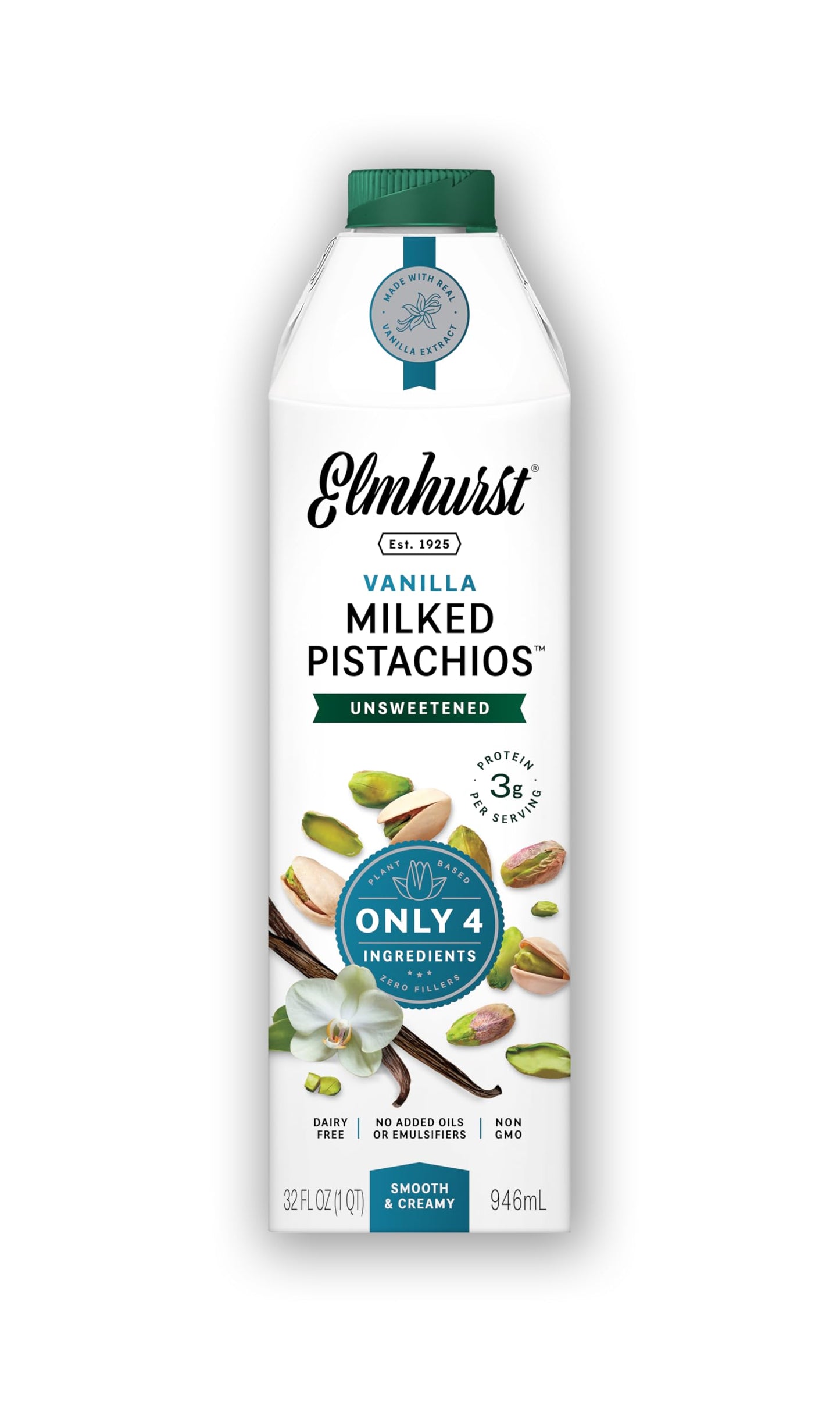 Elmhurst 1925 Vanilla Pistachio Milk Unsweetened - 32 Ounce (Pack of 6) Dairy-Free  Vegan  Kosher  Shelf Stable Milk Made w/Vanilla  Water & Pistachio for Healthier  Simpler Plant-Based Alternatives