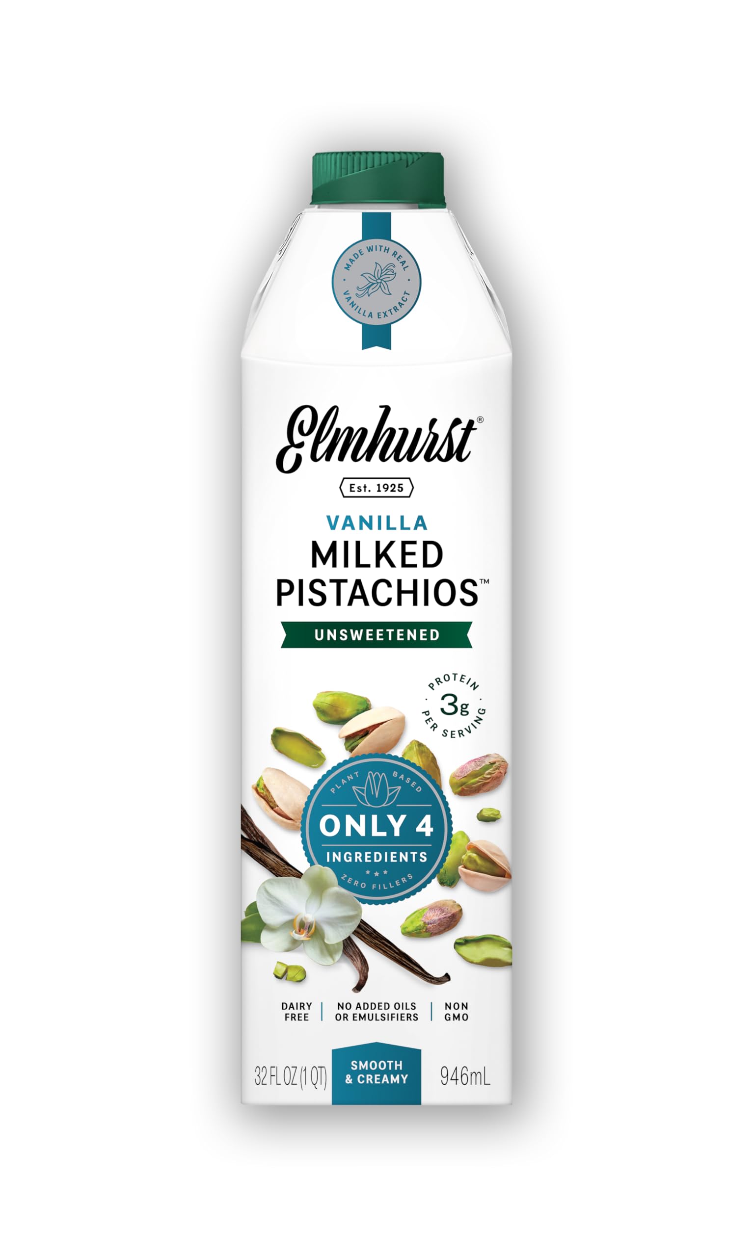 Elmhurst 1925 Vanilla Pistachio Milk Unsweetened - 32 Ounce (Pack of 6) Dairy-Free  Vegan  Kosher  Shelf Stable Milk Made w/Vanilla  Water & Pistachio for Healthier  Simpler Plant-Based Alternatives