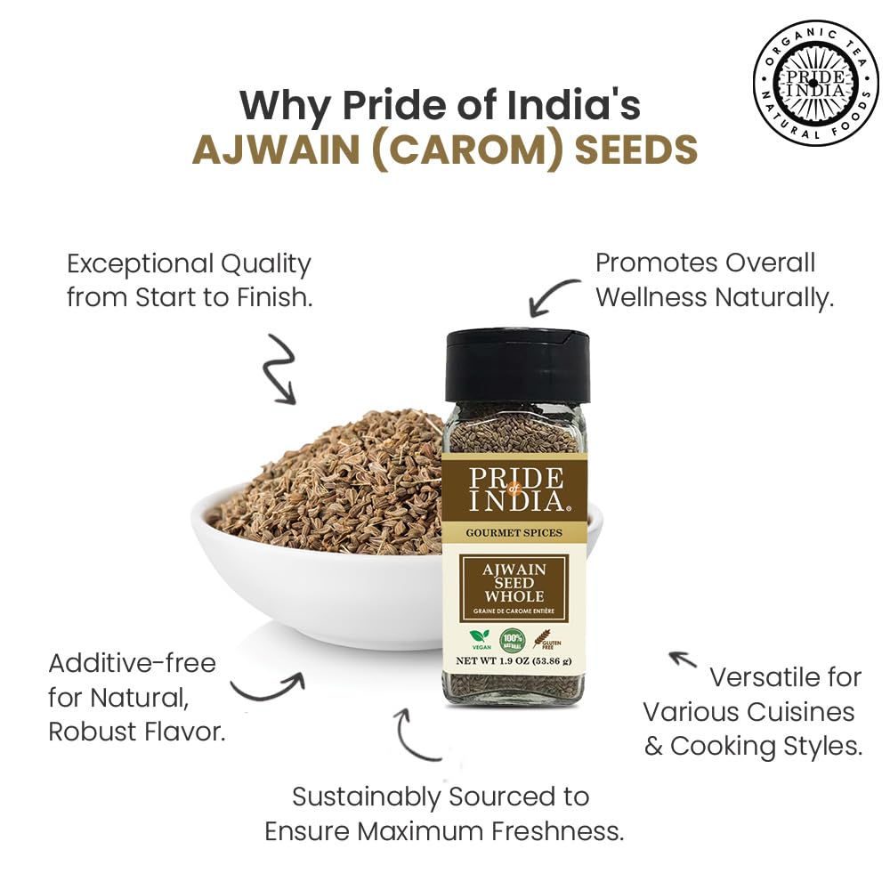Pride Of India - Ajwain Seed Whole - Gourmet Carom Seeds - Flavoring Agent For Savory Dishes - Aromatic & Nutrient-Dense - Easy