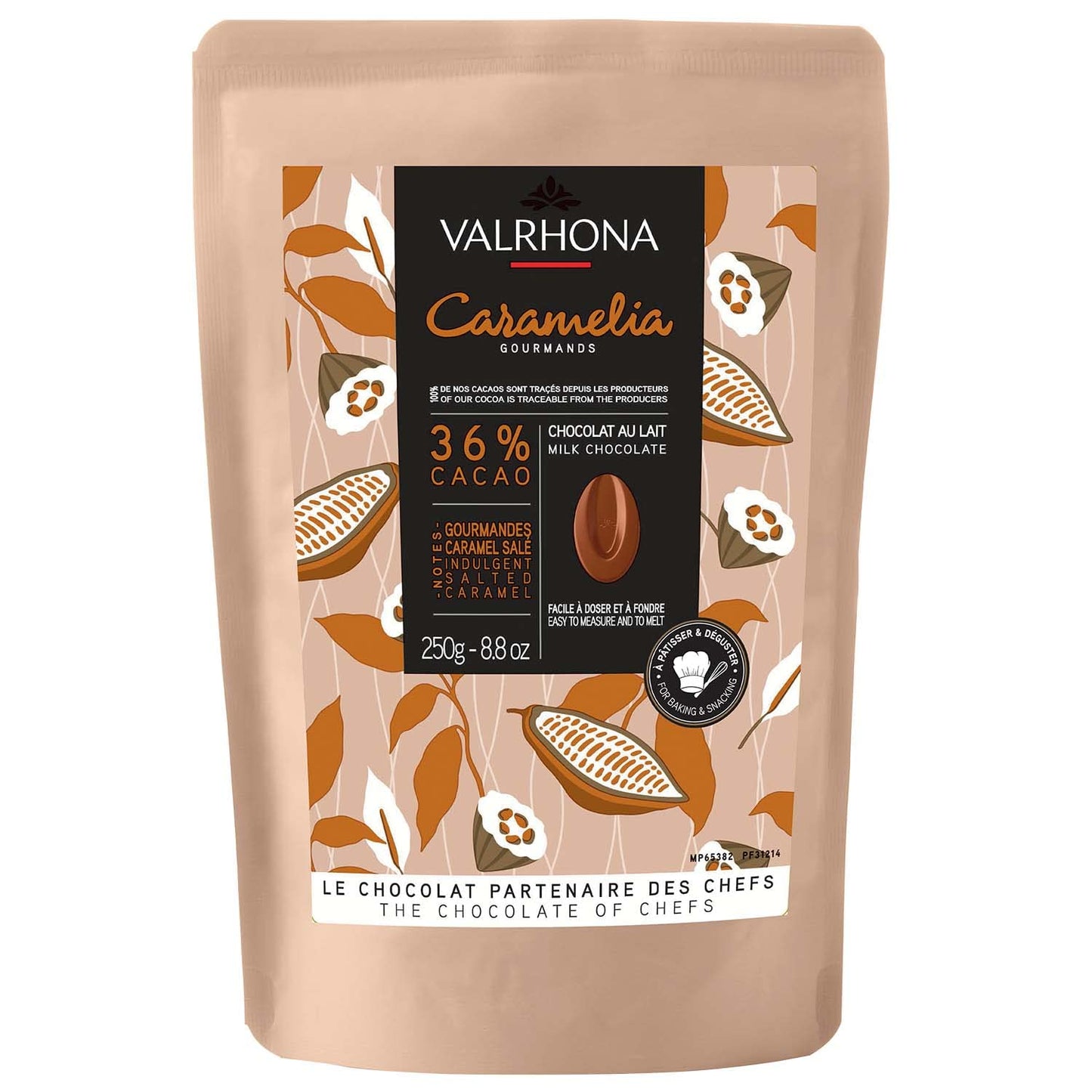 Valrhona Enhanced French Baking Milk Chocolate Discs (Feves). Caramelia 36% Cacao. Creamy, Caramel, Salted Butter Notes. Easy Melt-Tempering. Milky, Balanced. Luscious Frosting, Sauces 250G (Pack Of 1)