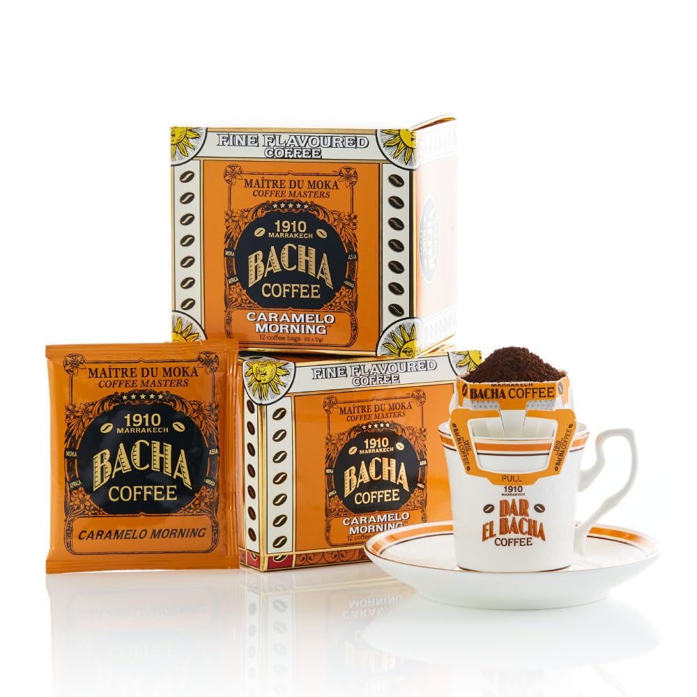 Bacha Coffee | Caramelo Morning Fine Flavoured, Medium Roast, 12 * 12g Individually Wrapped 100% Arabica Single Serve Filter Bag