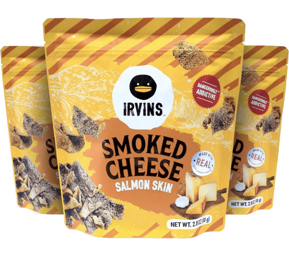 Irvins Smoked Cheese Salmon Skin Chips - Premium Hand Cooked, Halal, High Protein, Keto-Friendly, 2.8 oz (Pack of 3), Orange