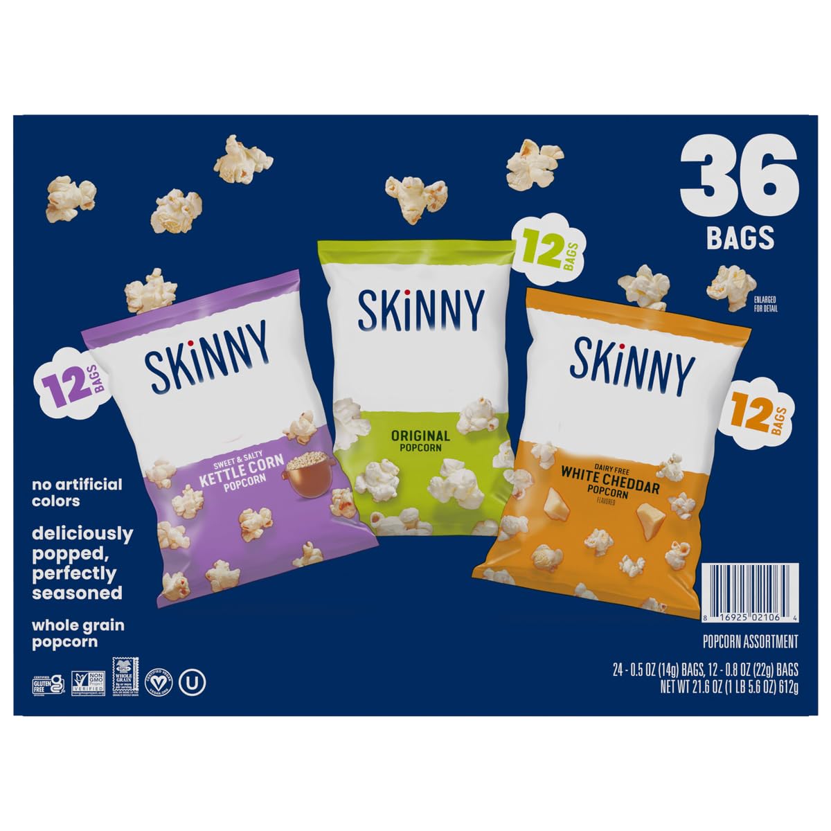 Skinny Pops Popcorn Variety Pack - Snack Bags Assortment Gluten Free - Care Package Gift Box (36 Count)