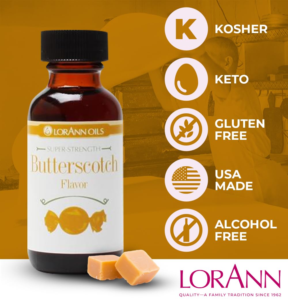 LorAnn Oils Super Strength Flavoring, Butterscotch, 1 Fl Oz (Pack of 4), Cream to Light Brown, Ideal for Candy Making and Baking