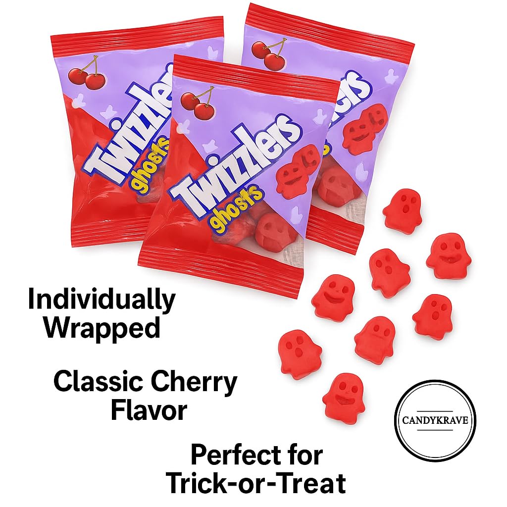 Twizller Ghosts - Cherry Flavor - Fun Size Chewy Bites, Individually Wrapped Licorice-Style Treats, 1 lb Bag, Perfect for Hallow