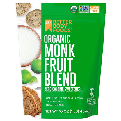 BetterBody Foods Organic Monk Fruit Sweetener Blend, Raw Cane Sugar Substitute, Zero Calorie, Keto Diet Friendly, Zero Net Carbs