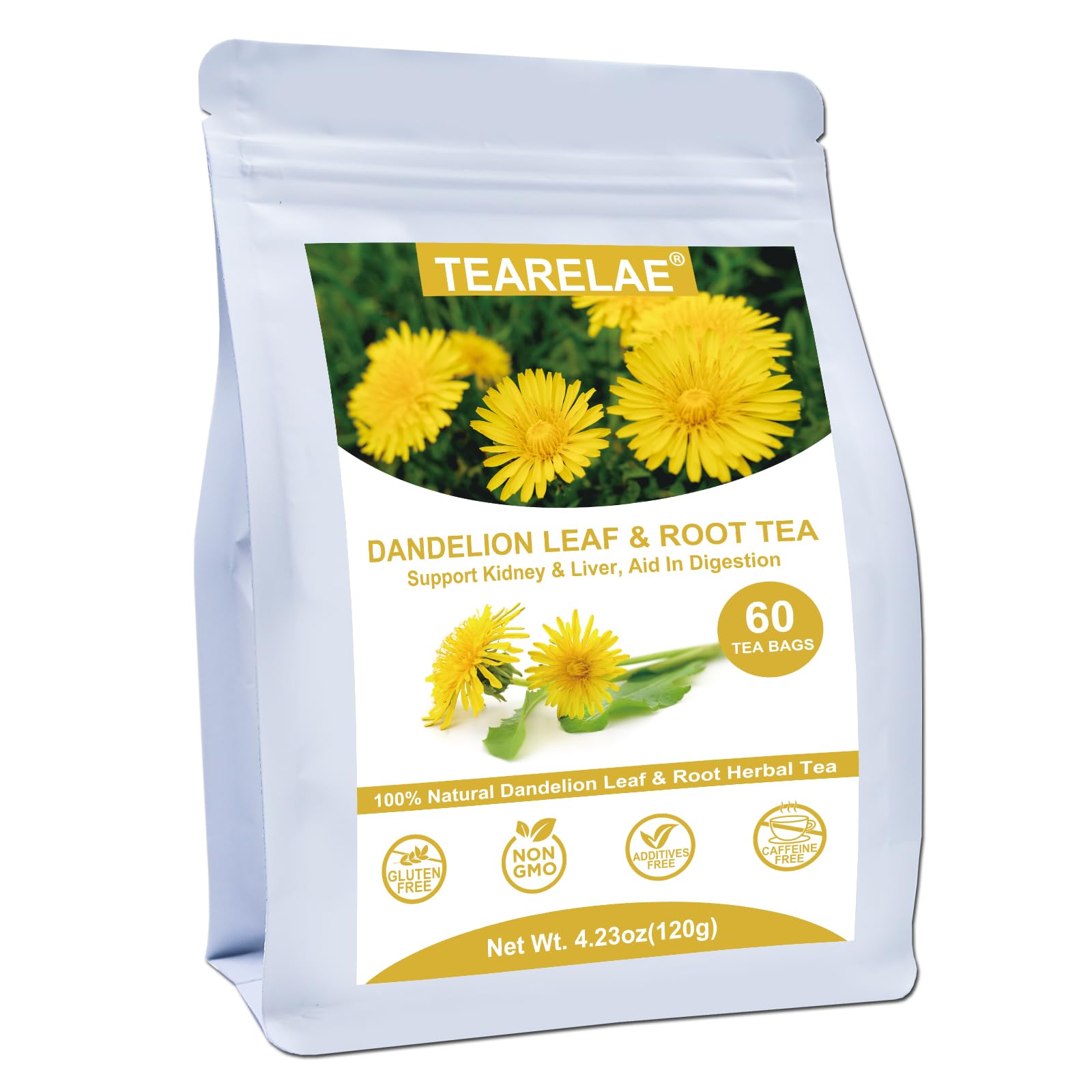 TEARELAE Dandelion Leaf & Root Tea Bags - 60 Count - Non-GMO, Caffeine-Free