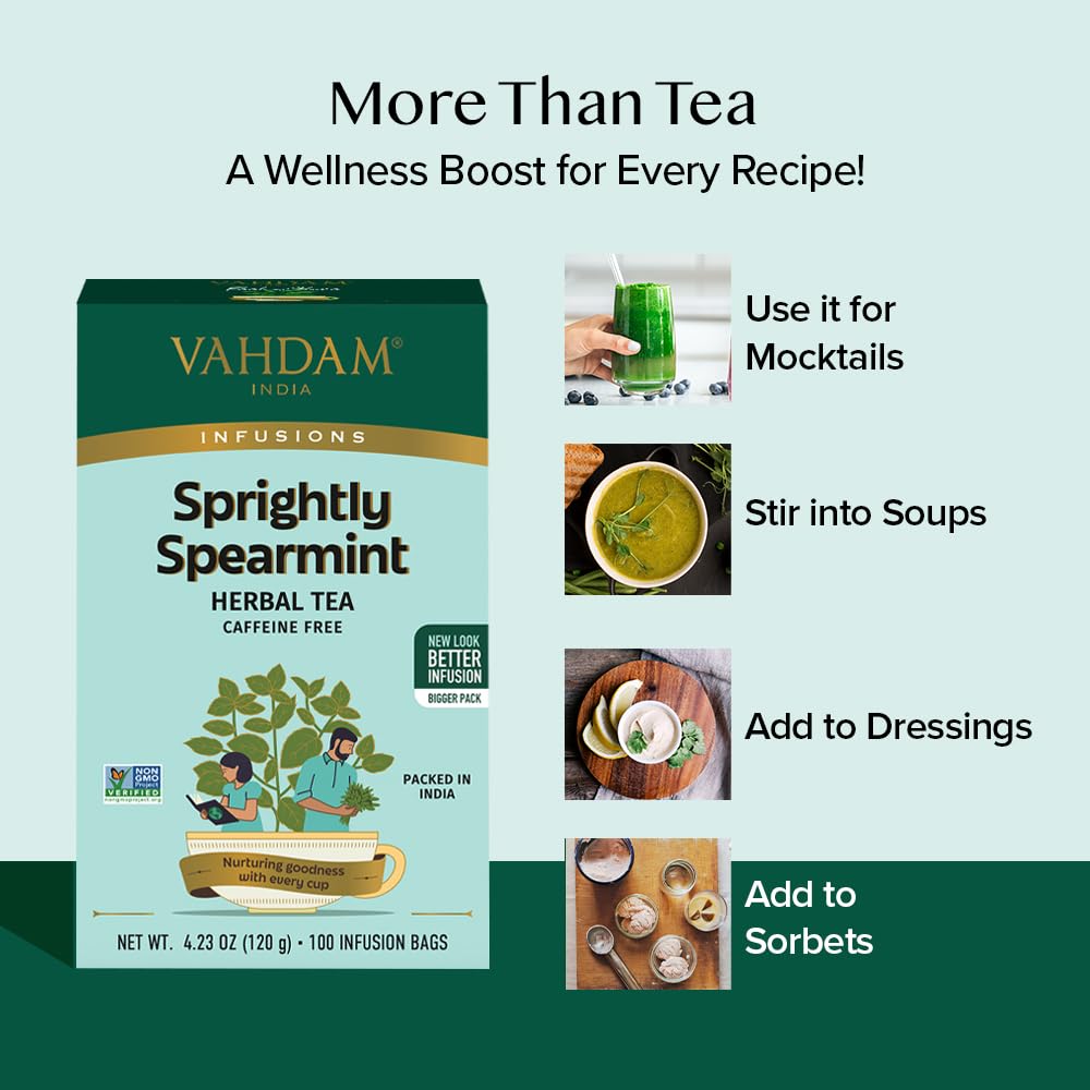 VAHDAM Spearmint Herbal Tea Bags, Caffeine Free, 100 Count, Eco-Friendly Individually Wrapped