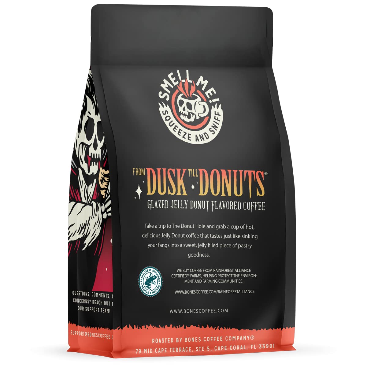 Bones Coffee Company From Dusk Till Donuts Ground Coffee Beans, Jelly Donuts Flavor, Low Acid Flavored Coffee, Made With Arabica