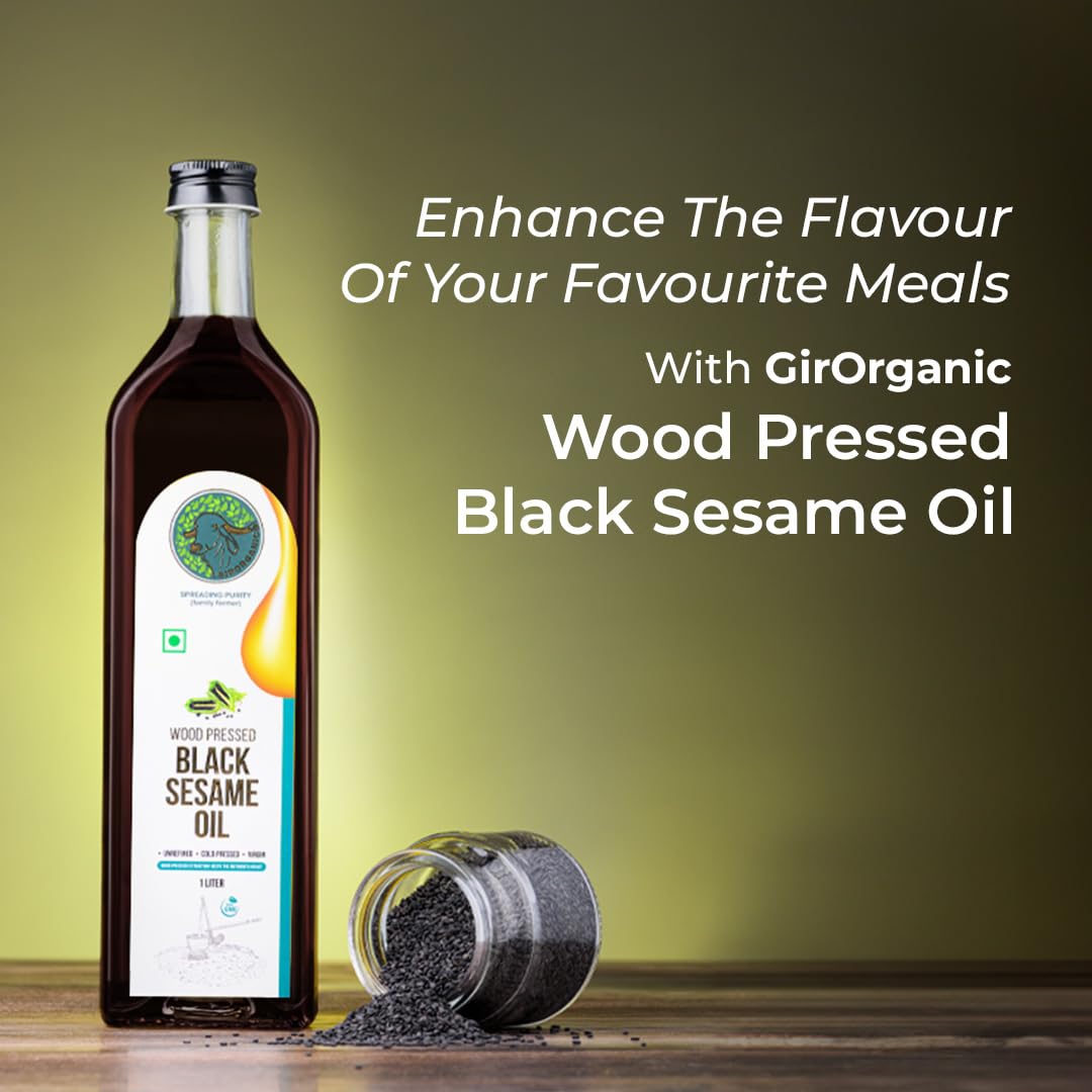 Girorganic Wood Pressed Black Sesame Oil-1Litre Glass Bottle,Unrefined/Unfiltered Cold Pressed Virgin Oil,Kacchi Ghani/Gingelly