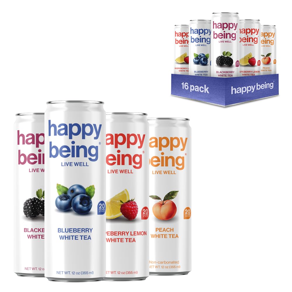 Happy Being Organic White Tea Sampler Pack - 16 Cans, 4 Flavors: Blueberry, Blackberry Citrus, Raspberry Lemonade, Peach Rose