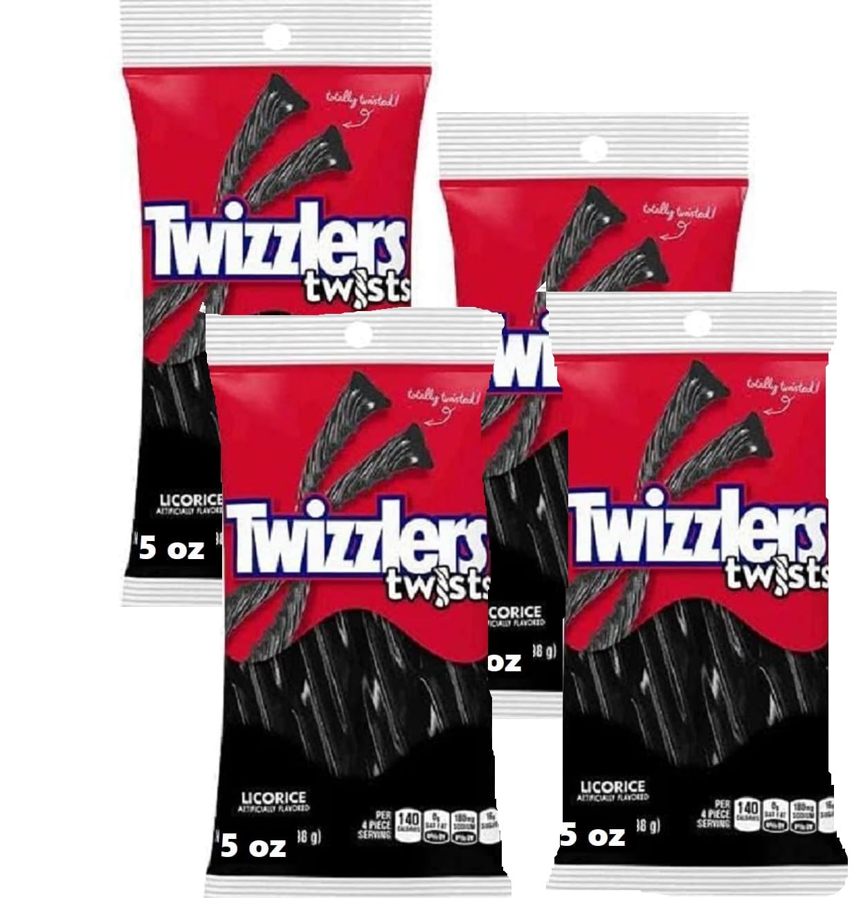 Tundras Twizzler Black Licorice Twists Chewy Candy, 5 oz Bag, Pack of 4, Soft Original Flavor