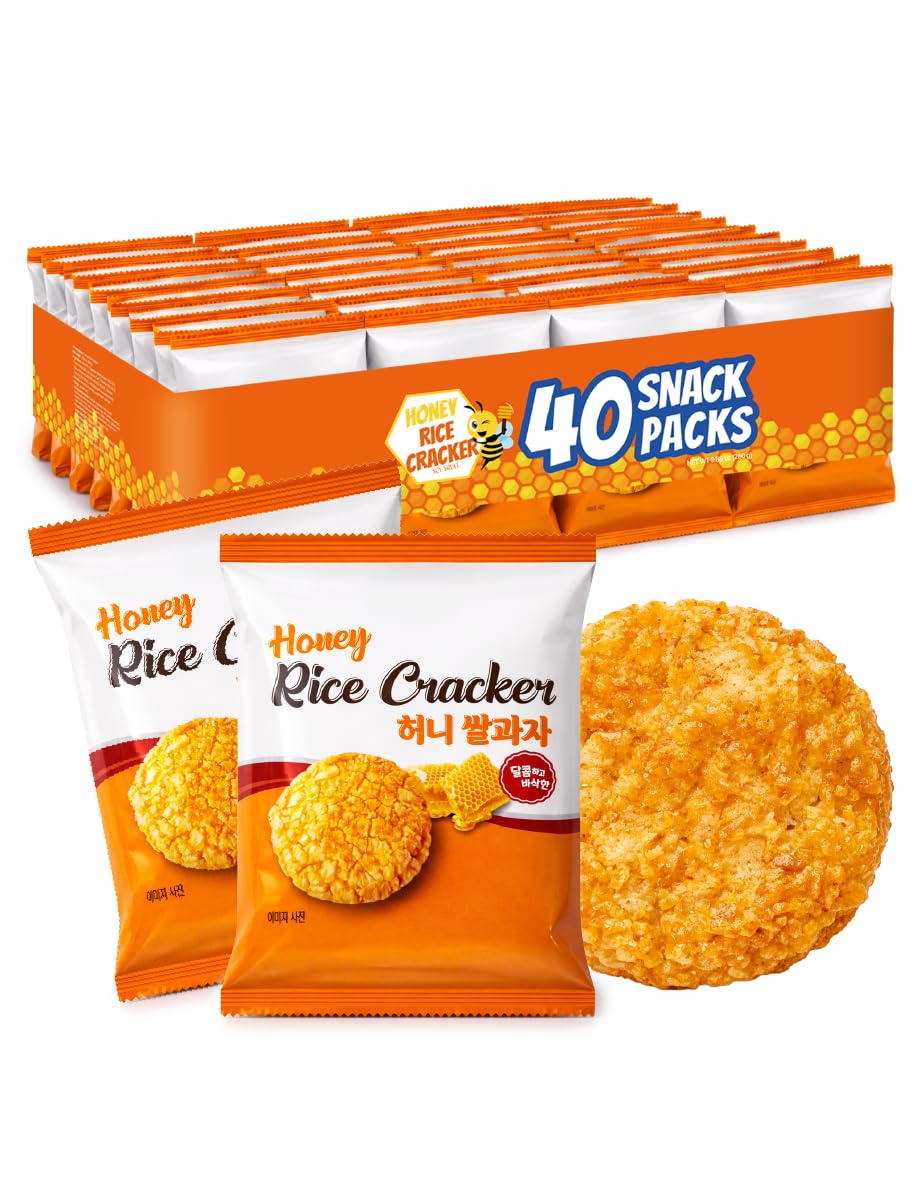 Crispy Honey Snow Flower Rice Crackers, Individually Wrapped Korean Rice Snacks, Crunchy Sweet Rice Crackers, 40 Pack