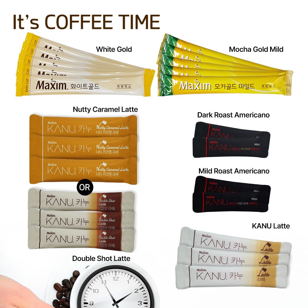Cutie Mango Maxim & Kanu Premium Korean Instant Coffee Sampler White, Mocha Gold, Americano, Latte Caf  -Style Camping Party Eas