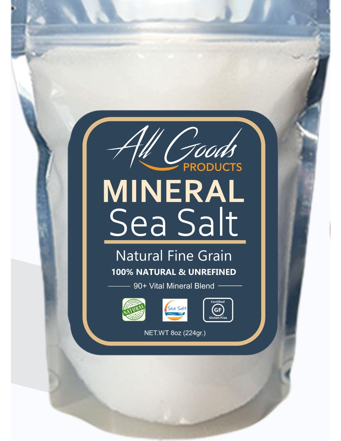 All Goods Products Mineral Sea Salt - Fine Grain  8 oz  100% Natural  Hand-Harvested  Loaded with 90+ Essential Minerals  30% Less Sodium  Kosher  Unrefined.