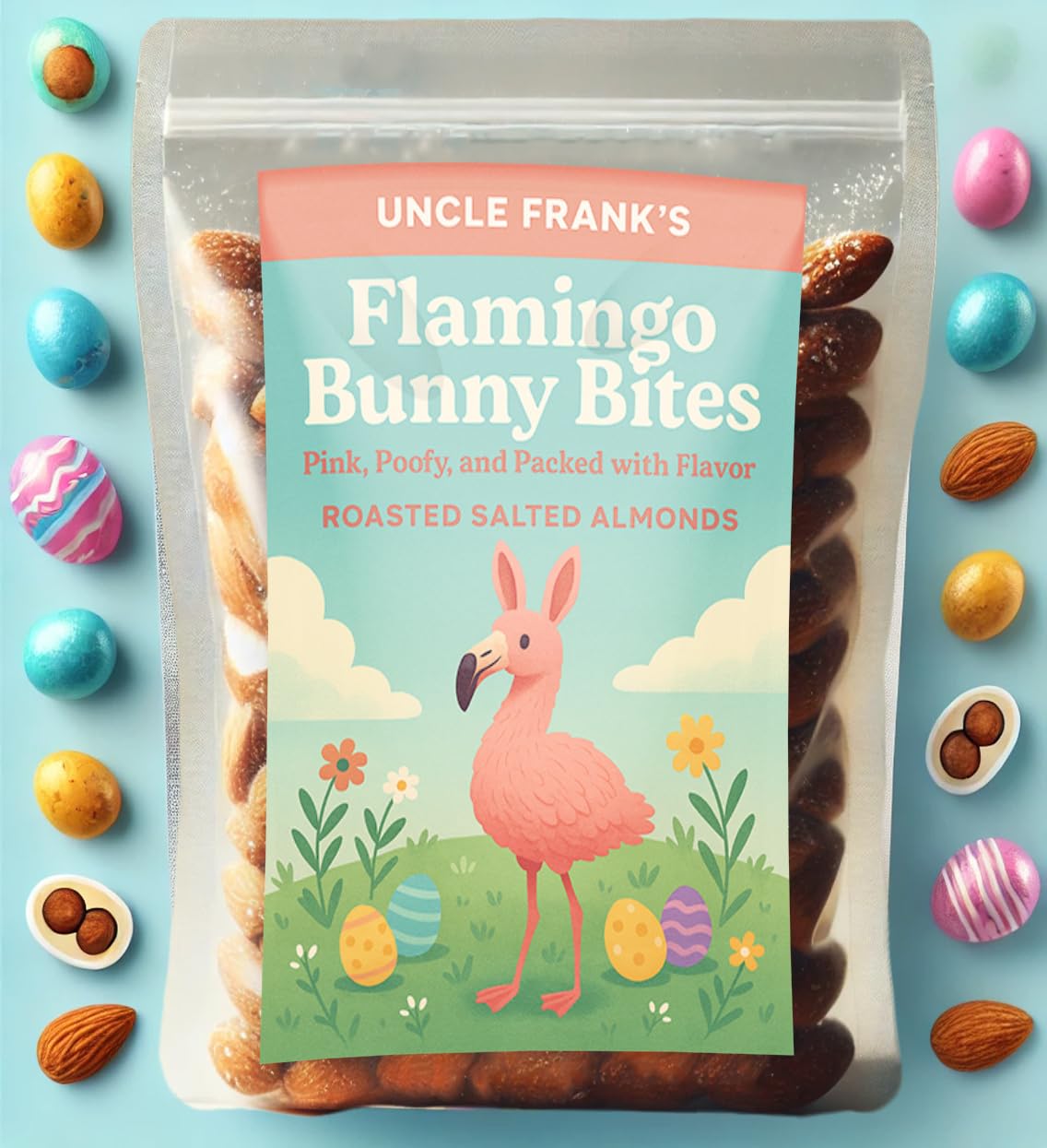 Gears Out Flamingo Bunny Bites – Roasted Salted Almonds – 8oz – Funny Easter Snack for mature-themeds & Teens – Made in USA