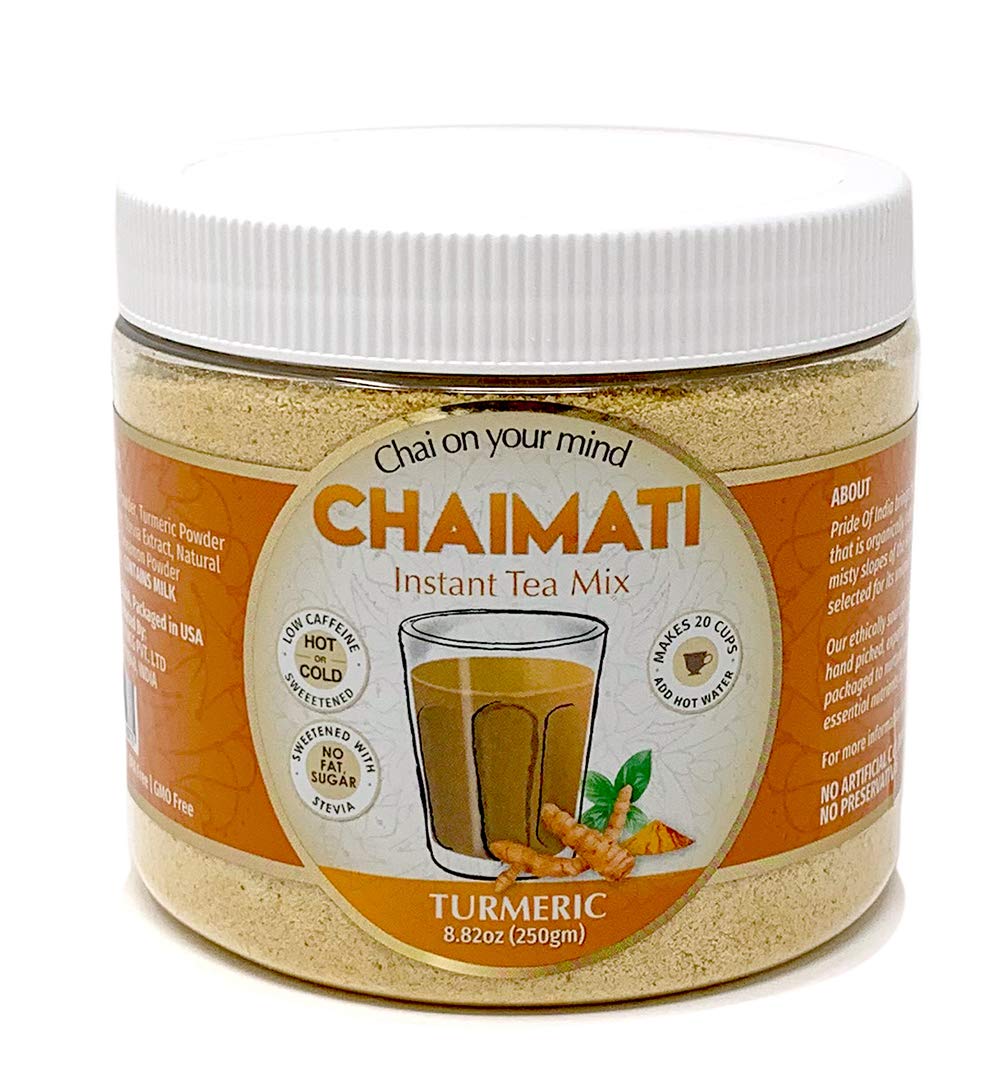 Pride Of India Turmeric Chai Latte Powder - Instant Golden Milk - 8.82oz Jar - Caffeine-Free - Makes 20-25 Cups