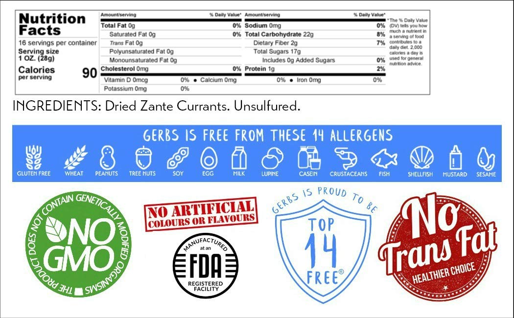 Gerbs Dried Zante Currants 1 Lb | Freshly Dehydrated Re-Sealable Bulk Bag | Top 14 Food Allergy Free | Sulfur Dioxide Free | Rich In Antioxidants | Gluten, Peanut, Tree Nut Free