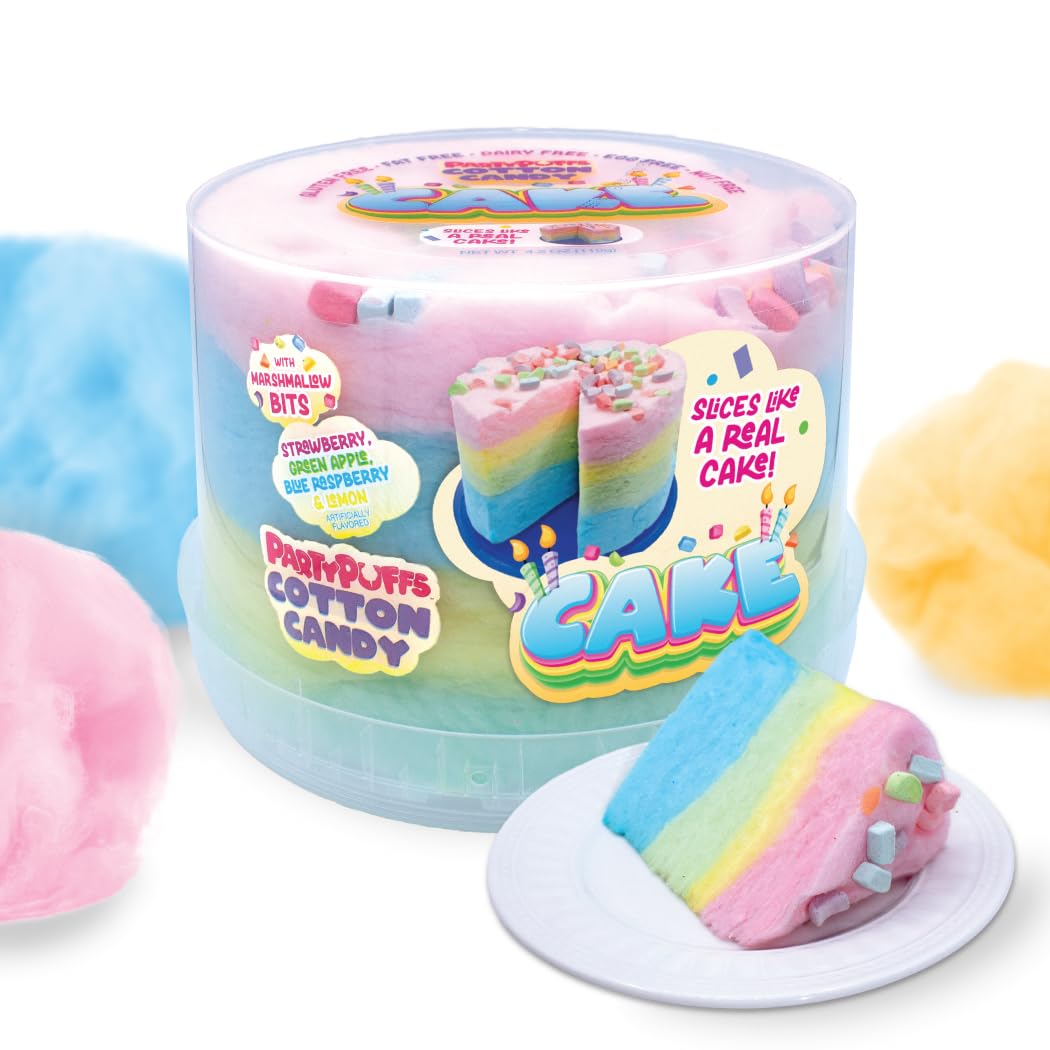 PartyPuffs Cotton Candy Cake - 4 Servings - Sliceable Celebration Cake With Strawberry  Blue Raspberry  Lemon & Green Apple Flavors - Fun Party Dessert With Crunchy Marshmallow Bits - Gluten-Free Treat & Made in USA - 4oz
