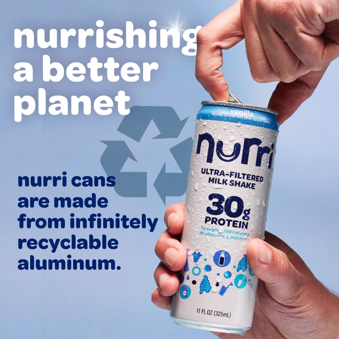 Nurri Protein Milk Shake - Vanilla, Lactose-Free, Low Sugar, 30g Protein, 11 fl oz (Pack of 12), 150 Calories, 10 Vitamins & Minerals