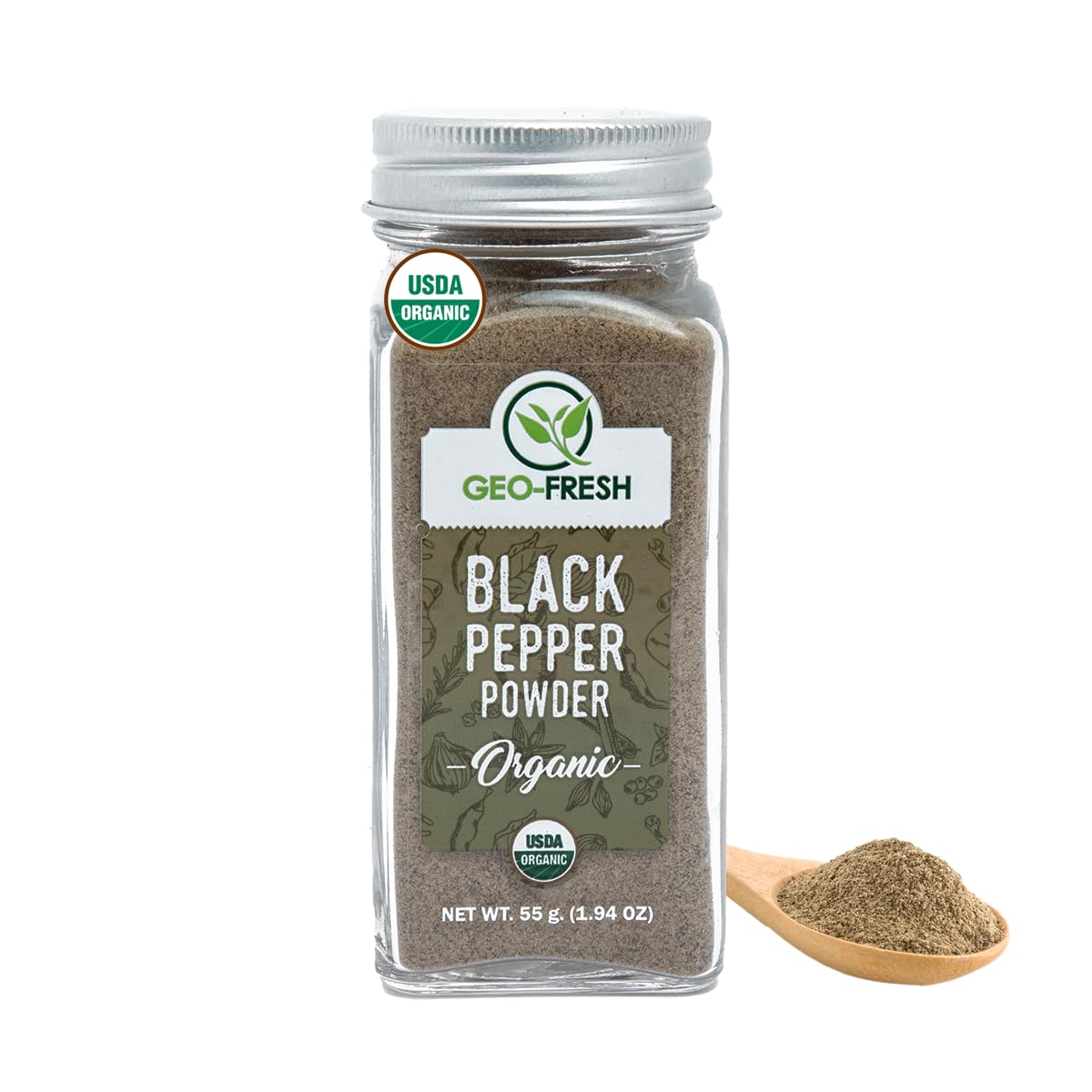 Geo-Fresh Organic Black Pepper Powder, Non-GMO, Gluten Free, 1.94 oz