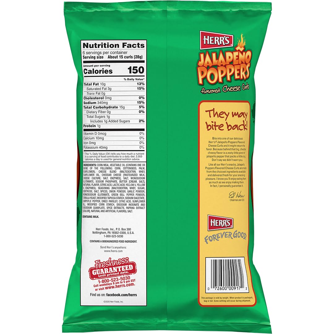 Herrs Jalapeno Poppers Flavored Cheese Curls, Gluten Free Snacks, 6oz Bag (12 Count)