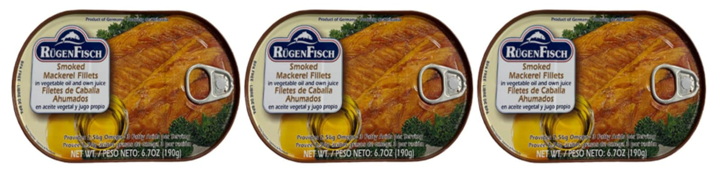 Rügen Fisch Herring & Mackerel Fillets Assorted Sauces, 6.7 oz (Pack of 3), Smoked Mackerel in Vegetable Oil