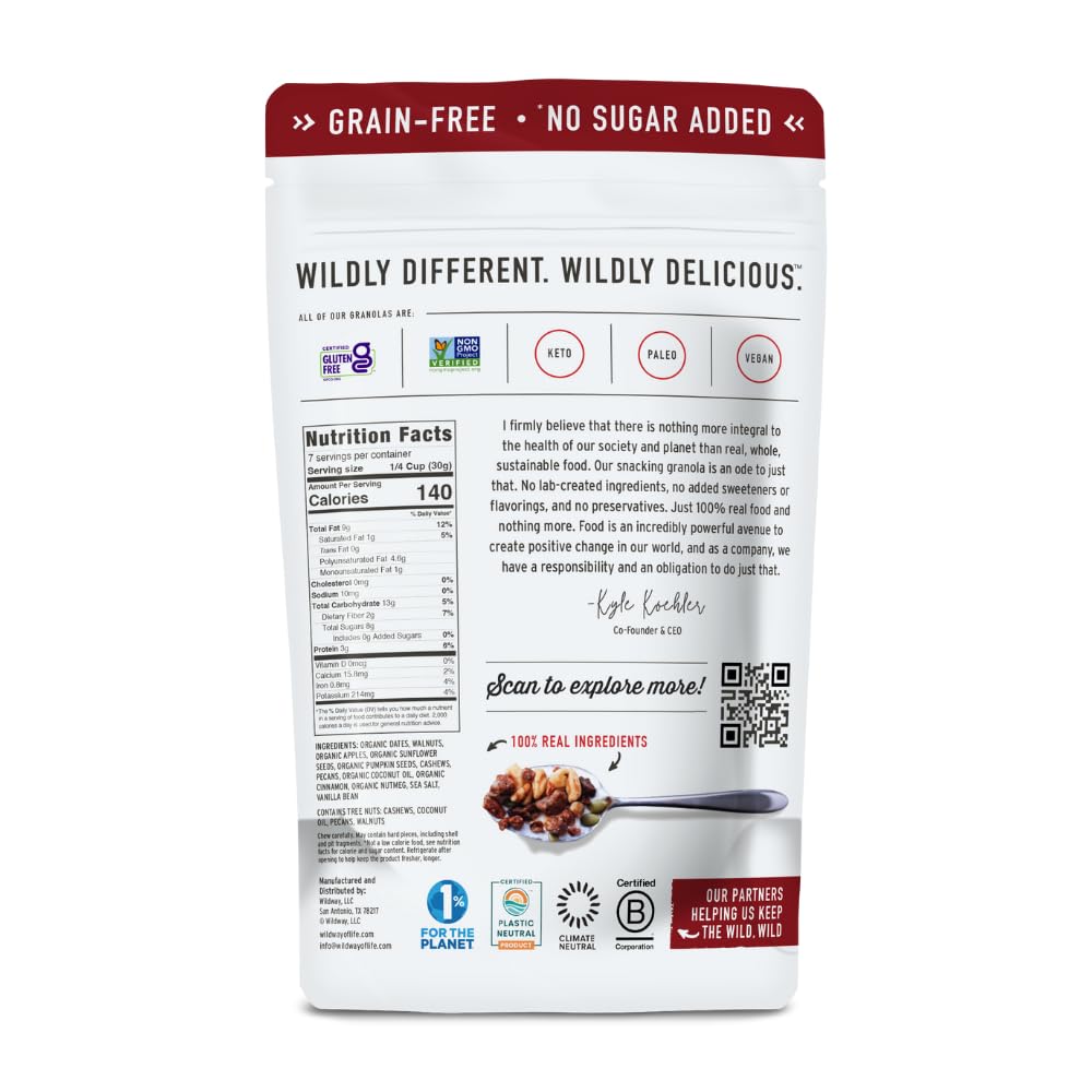 Wildway Keto Granola with Organic Ingredients | Apple Cinnamon | Grain-Free, Gluten-Free Cereal | Vegan, Low Carb & No Sugar Add