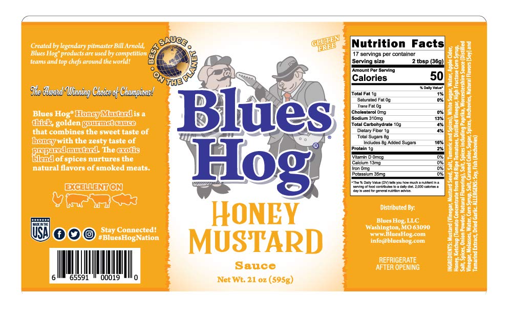 Blues Hog Honey Mustard Sauce, Sweet Honey & Zesty Mustard Gourmet Bbq Sauce Gluten-Free, Made In The Usa, 21 Oz